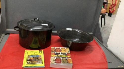 ENAMEL BREAD PAN, CANNER FOR PINT SIZE JARS AND (2) PRESERVES COOKBOOKS