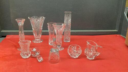 BOX OF PINWHEEL CRYSTAL PIECES - VASES, SMALL CANDY DISH, BELL, CREAM & SUGAR