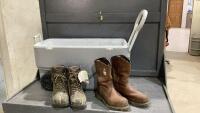 ROLLING COOLER W/NO LID AND (2) PAIR OF BOOTS