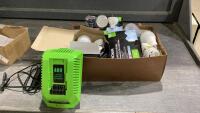 BOX WITH ASSORTED LIGHT BULBS + 40V LITHIUM -ION CHARGER