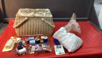 VINTAGE SEWING BASKET W/ SEWING SUPPLIES