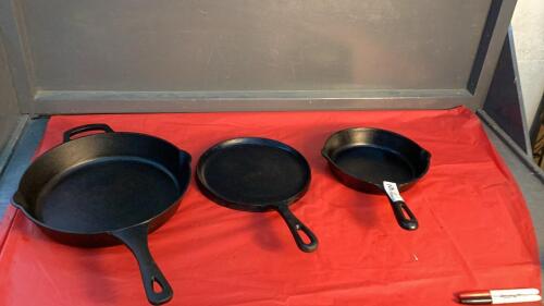 (3) CAST IRON FRY PANS - MASTERCHEF & GSW, ONE IS UNMARKED