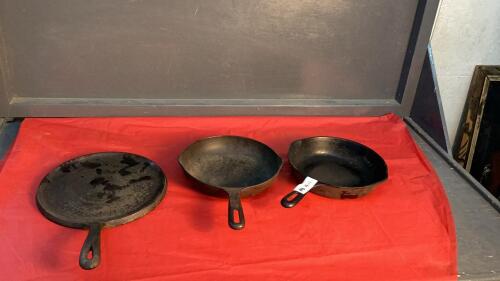 (3) CAST IRON PANS - (2) FRY PANS, (1) GRIDDLE