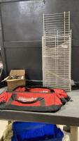 (2) MILWAUKEE TOOL BAGS, METAL SHELVING + BOTTLES