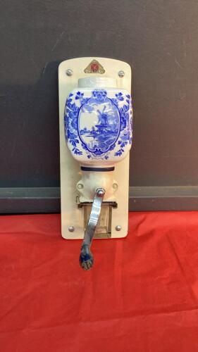ANTIQUE COFFEE GRINDER W/ PORCELAIN BEAN HOLDER ON WOOD BASE