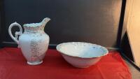 LABELLE VINTAGE WATER PITCHER & BOWL - WHITE W/ GOLD DETAILS