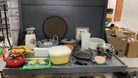 BOX W/ KITCHEN ITEMS - STAINLESS POTS, COFFEE CARAFE, HOTPLATE, TRAY, CAMPING TOASTER