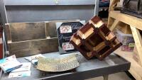 WOOD STORAGE UNIT, METAL TRAY, PICTURE FRAME