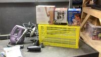 CRATE WITH HAND HELD STEAMER, CORDLESS PHONES, STEAM INHALER, BODY CONTOURING UNIT