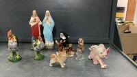 VINTAGE DECOR ITEMS - VIRGIN MARY & JESUS STATUES, ELEPHANT, DOGS, DEER VASE, GLASS DOG CANDY HOLDER