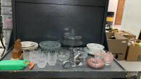 (2) BOXES W/ KITCHEN GLASSWARE - CAKE SAVER, PINK DESSERT BOWLS & SAUCERS, PINWHEEL CRYSTAL BOWL, CRYSTAL TUMBLERS, ETC