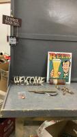 BOX W/ REDNECK NOVELTY ITEMS - BEER CAN DOOR BELL, FISH FINDER, "CIGAR" WIND CHIMES, FAUX ANTLER WELCOME SIGN