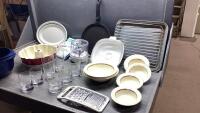 BOX WITH DISHES, GLASS WARE, BROILER PAN, SMALL CHOPPER, PLASTIC BOWLS