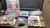 BOX WITH PUZZLE MAT, CALLIGRAPHY KIT, BEADING SUPPLY, CHARMS
