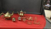 BRASS TEAPOTS , CREAM & SUGAR & DOLL HOUSE FURNITURE