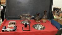 BOX W/ MOEN BATHROOM FIXTURES, (2) CERAMIC VASES, VINTAGE SILVERPLATE WARMER BASE W/ LID