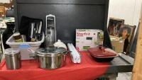 BOX & A BIN OF KITCHEN ITEMS - STAINLESS POT & CANISTER, CERAMIC TEAPOT, STARFRIT SPIRALIZER, SODA STREAM