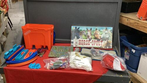 PUZZLES, TOGA COSTUME, CAT IN THE HAT, BOARD GAMES, HOT WHEEL TRACKS & A FEW CARS IN A SMALL BIN