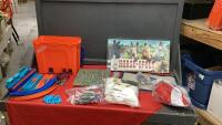 PUZZLES, TOGA COSTUME, CAT IN THE HAT, BOARD GAMES, HOT WHEEL TRACKS & A FEW CARS IN A SMALL BIN