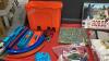 PUZZLES, TOGA COSTUME, CAT IN THE HAT, BOARD GAMES, HOT WHEEL TRACKS & A FEW CARS IN A SMALL BIN - 4