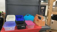 STACK OF SMALL STORAGE BINS & WOOD STORAGE BOX