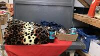 BOX OF DECOR ITEMS - (2) CURTAIN PANELS, FUZZY LEOPARD PRINT BLANKET