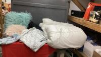 (2) COMFORTERS, THROW PILLOWS, QUEEN BED SHEETS,