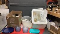 STYROFOAM COOLER W/ PLASTIC CUPS & BOX W/ TUPPERWARE PLATES, BOWLS, AND STORAGE CONTAINERS,