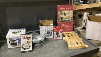 BOX W/PROCTOR SILEX POT, MINI WAFFLE MAKER, SANDWICH GRILL, WINE RACK