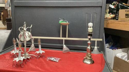 (3) LIGHT FIXTURES - 3-LIGHT TRACK LIGHTING, SMALL CHANDELIER W/ PINK CRYSTALS, TABLE LAMP (NO SHADE)