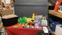 EASTER DECOR, CD'S, METAL BASKET W/ FILLING, BINGO MACHINE W/ CARDS, PLAYDOUGH TOYS