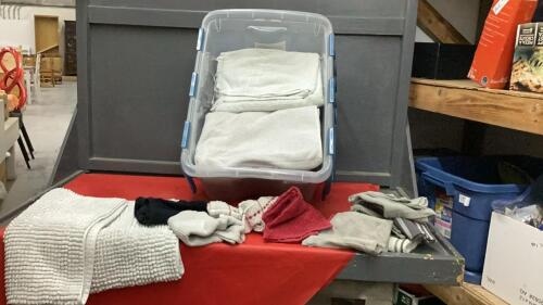 GOOD TOTE W/ TOWELS AND A BATH MAT