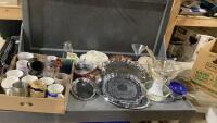 (2)BOXES- MUGS, STEIN, METAL TRAYS, NAPKIN HOLDER, VINTAGE GLASS BOWL