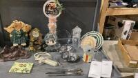 BOX W/FIGURINES, MUSICAL SNOW GLOBE, CLOCKS, WOOD ART