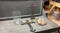 LARGE CROSSES, DECORATIVE TIN, GLASS VASE