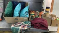 BOX OF THROW PILLOWS & SMALL BURGUNDY BLANKET