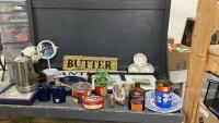 TOTE W/ DECOR ITEMS - WILLOW TREE ORNAMENTS, SAYINGS ON WOOD, VASES, VANITY MIRROR, VINTAGE TINS,