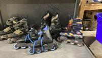 BLUE TOTE WITH (4) PAIR ROLLER BLADES,