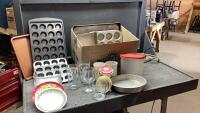 (2)BOXES - BAKING PANS + GLASSWARE
