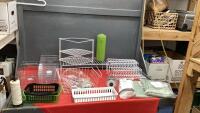 BOX W/ DIFFERENT TYPES OF ORGANIZERS, GREEN CURTIANS, SHOWER CURTAIN