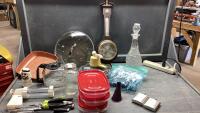 POTS, PLASTIC FOOD STORAGE, DECANTER, BAROMETER, PLASTIC FORKS