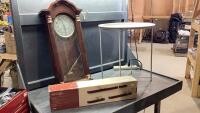 WALL CLOCK + (3)PC FLOATING SHELVES + LITTLE METAL TABLE