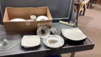 DISHES - SOME CHRISTMAS DISHES AND CORELLE DISHES(SQUARE), ROTATING RAISED CAKE TRAY