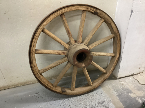 WOODEN WAGON WHEEL WITH STEEL BAND AND HUB