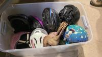 SHELF #9 - TOTEWITH LID BIKE AND SKATEBOARD HELMETS + ROPER SIZE 2 BOOTS