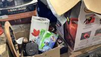 SHELF #7 - 12V COOLER, AIR BED, CLOCK, CD&rsquo;S , VINTAGE BEER + POP BOTTLES
