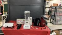 BOX OF SMALL APPLIANCES - POPCORN POPPER, SUNBEAM BLENDER, KETTLE, OSTER ELECTRIC CAN OPENER, WAFFLE MAKER