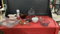 BOX W/ LARGE GLASS JAR, GRAVY BOAT & TRAY, TEAPOT, SALT & PEPPER