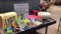 TOTE WITH TUPPERWARE BIG BOWLS, GRINDER, SEIVE, GLASS DISH, ALL OCCASION CARDS