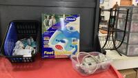 DR. SCHOLLS FOOT BATH AND SMALL BIN W/ EXTENSION CORDS, POWER BAR & LIGHT BULBS